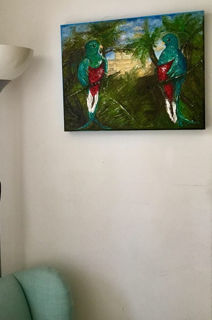 Colourful quetzal birds in the forest ,mayan pyramid on the background, impasto oil original painting,3 d stretched canvas.