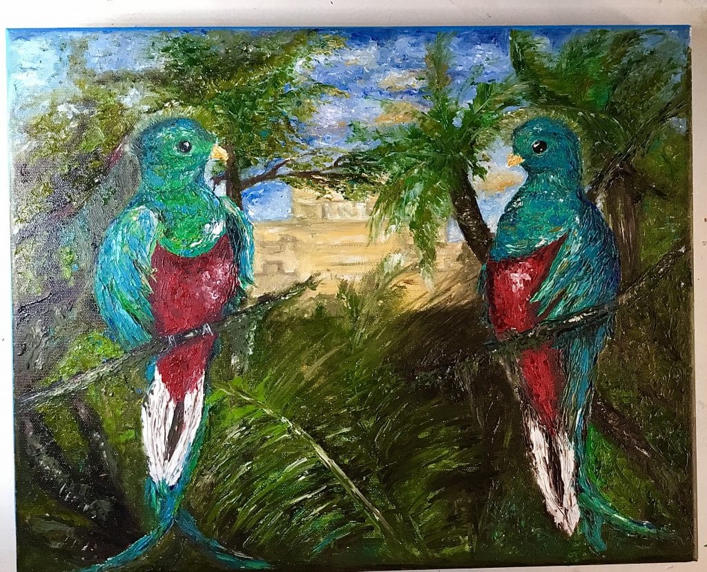 Colourful quetzal birds in the forest ,mayan pyramid on the background, impasto oil original painting,3 d stretched canvas.