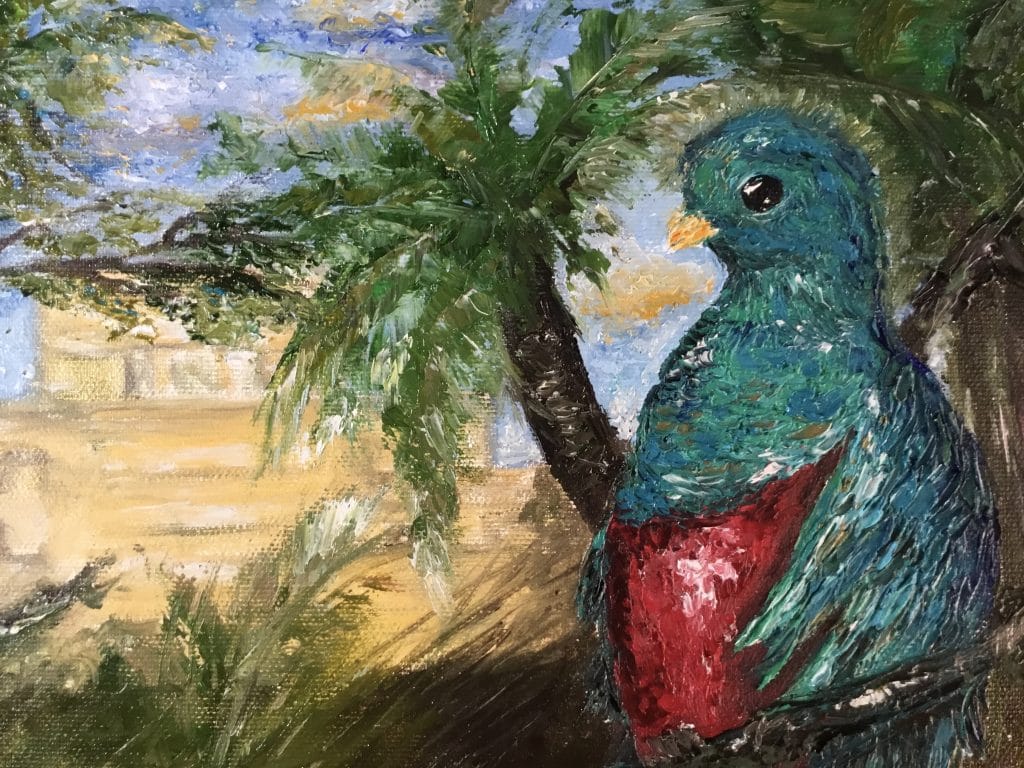 Colourful quetzal birds in the forest ,mayan pyramid on the background, impasto oil original painting,3 d stretched canvas.