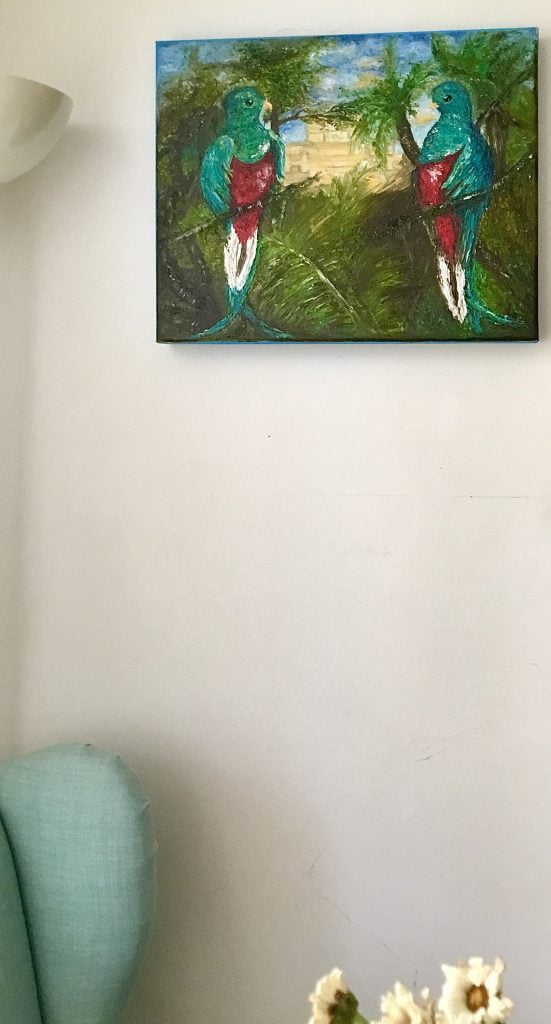 Colourful quetzal birds in the forest ,mayan pyramid on the background, impasto oil original painting,3 d stretched canvas.