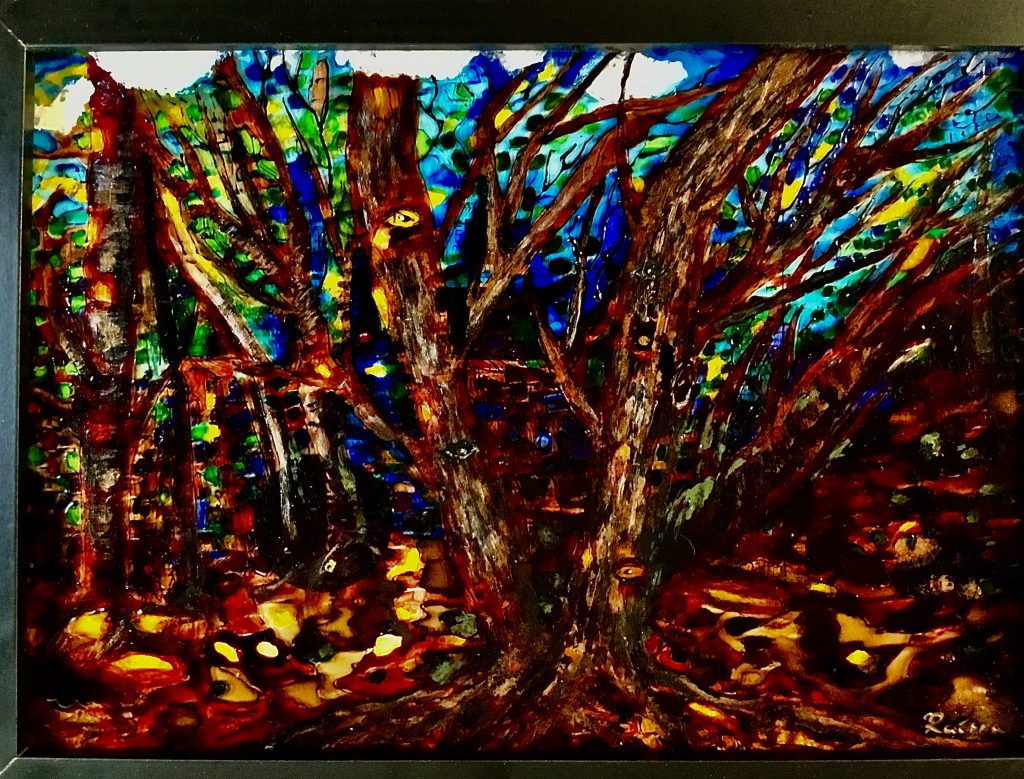 Mysterious forest stained glass painting,original art to buy