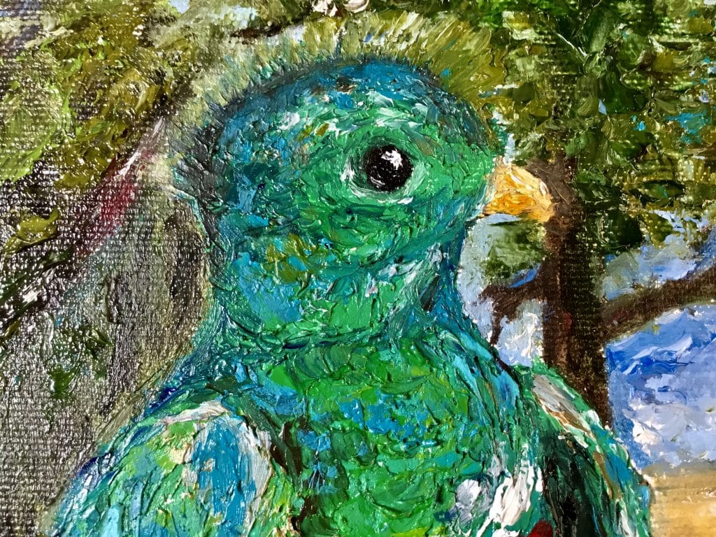 Colourful quetzal birds in the forest ,mayan pyramid on the background, impasto oil original painting,3 d stretched canvas.