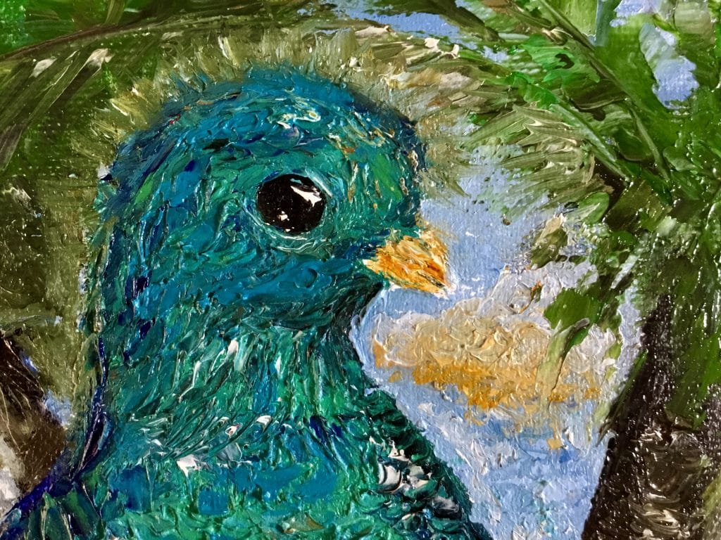 Colourful quetzal birds in the forest ,mayan pyramid on the background, impasto oil original painting,3 d stretched canvas.