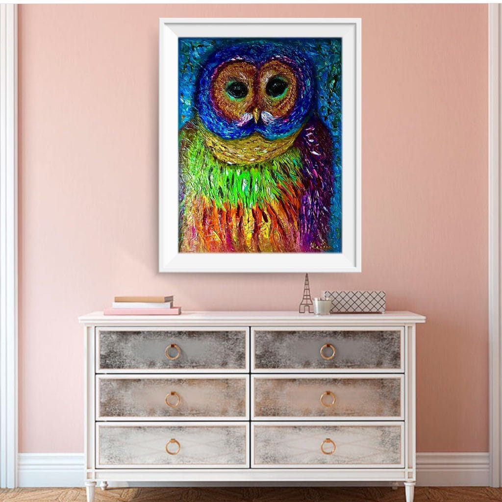 Rainbow owl,original oil impasto painting