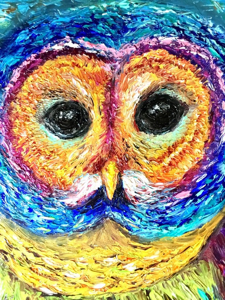 Rainbow owl,original oil impasto painting