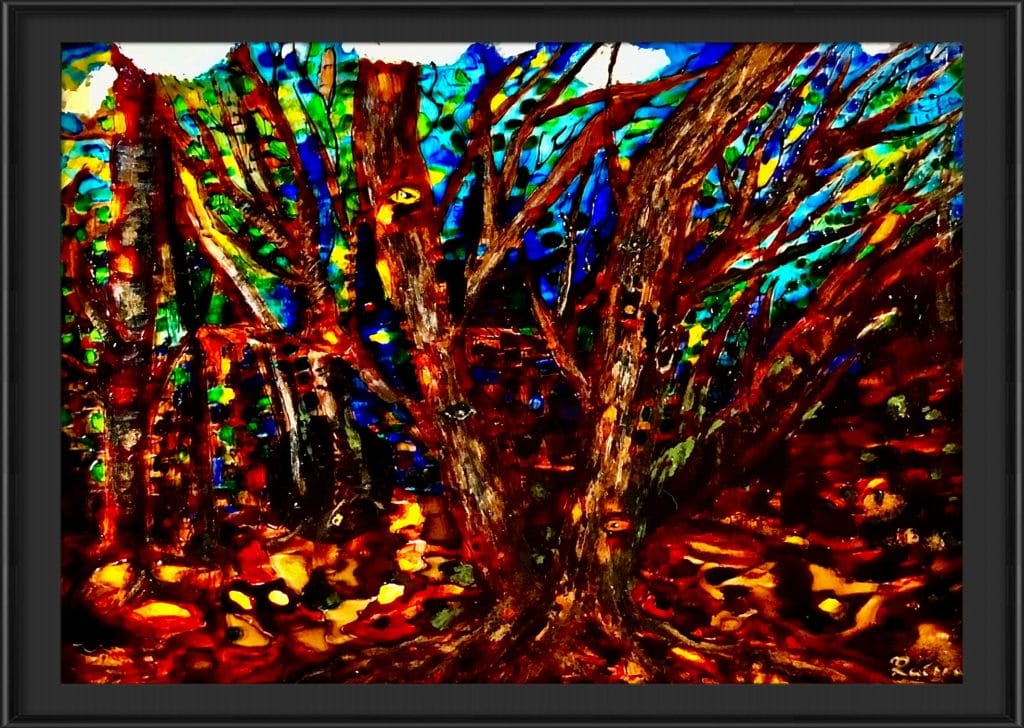 Mysterious forest stained glass painting,original art to buy