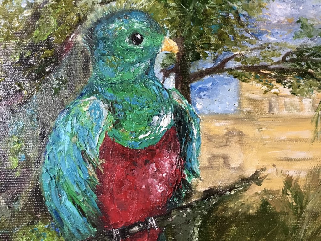 Colourful quetzal birds in the forest ,mayan pyramid on the background, impasto oil original painting,3 d stretched canvas.