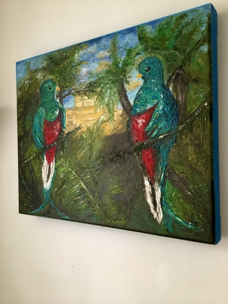 Colourful quetzal birds in the forest ,mayan pyramid on the background, impasto oil original painting,3 d stretched canvas.