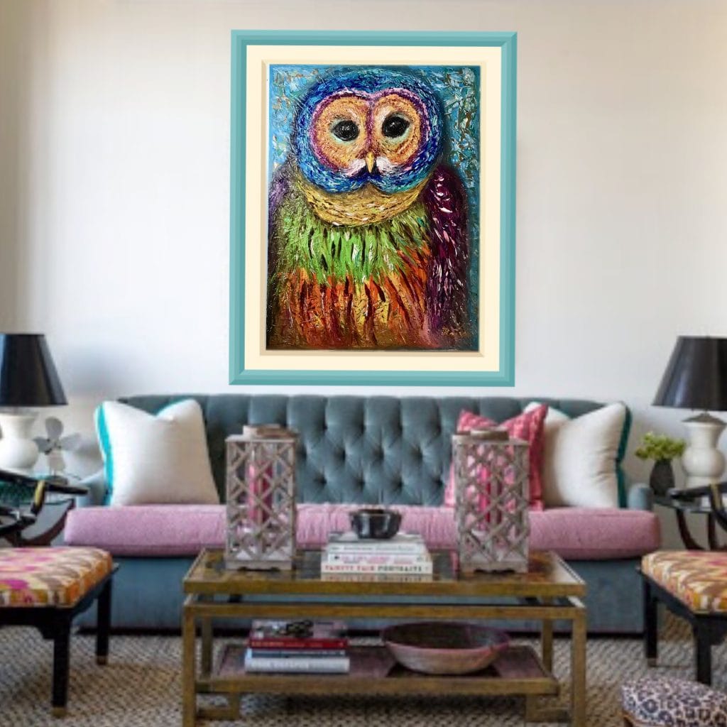 Rainbow owl,original oil impasto painting