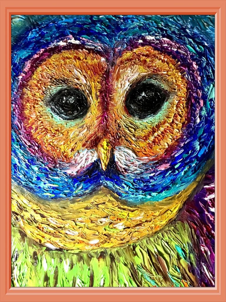 Rainbow owl,original oil impasto painting