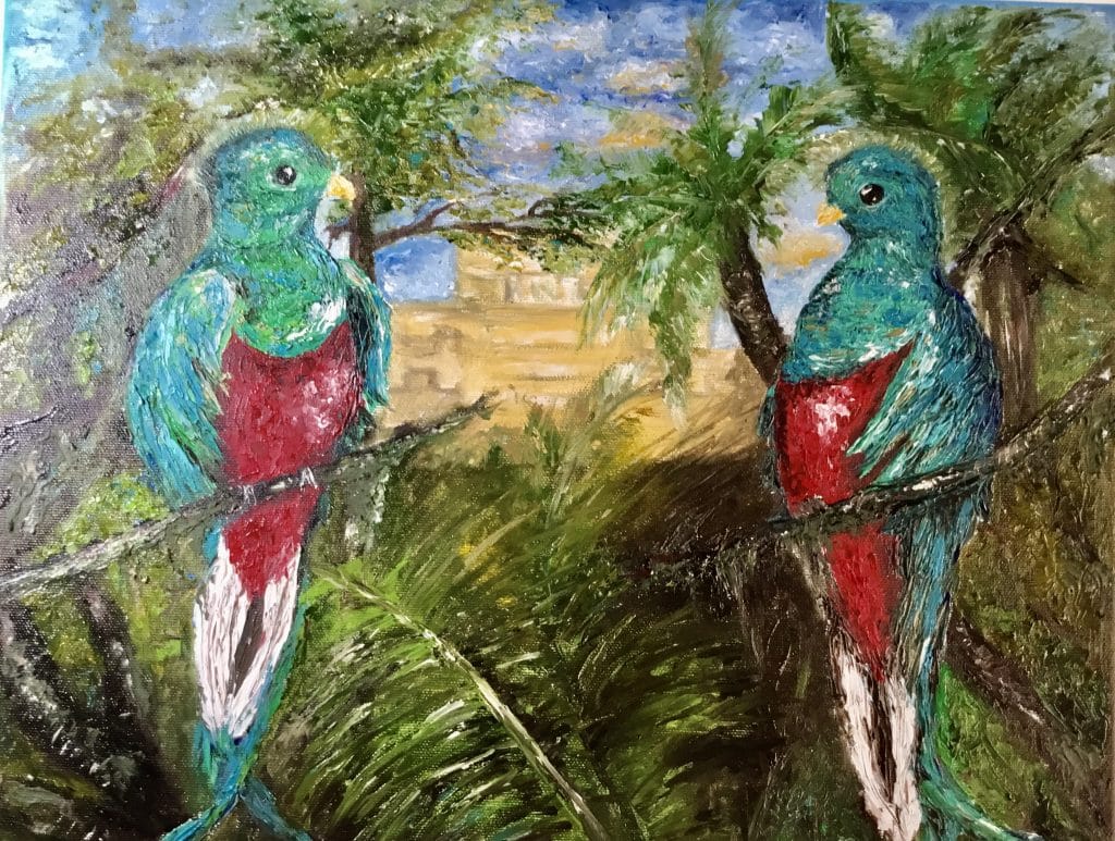 Colourful quetzal birds in the forest ,mayan pyramid on the background, impasto oil original painting,3 d stretched canvas.