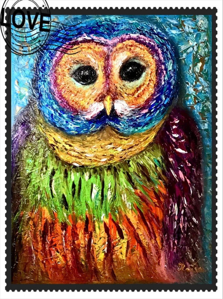 Rainbow owl,original oil impasto painting