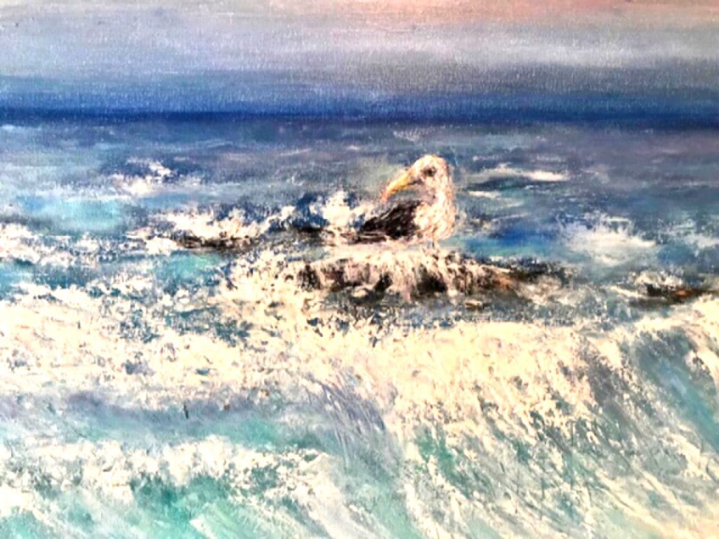 Seascape and a seagull,buy a painting,stormy ocean byy,buy art,waves and rocks,landscapes to buy