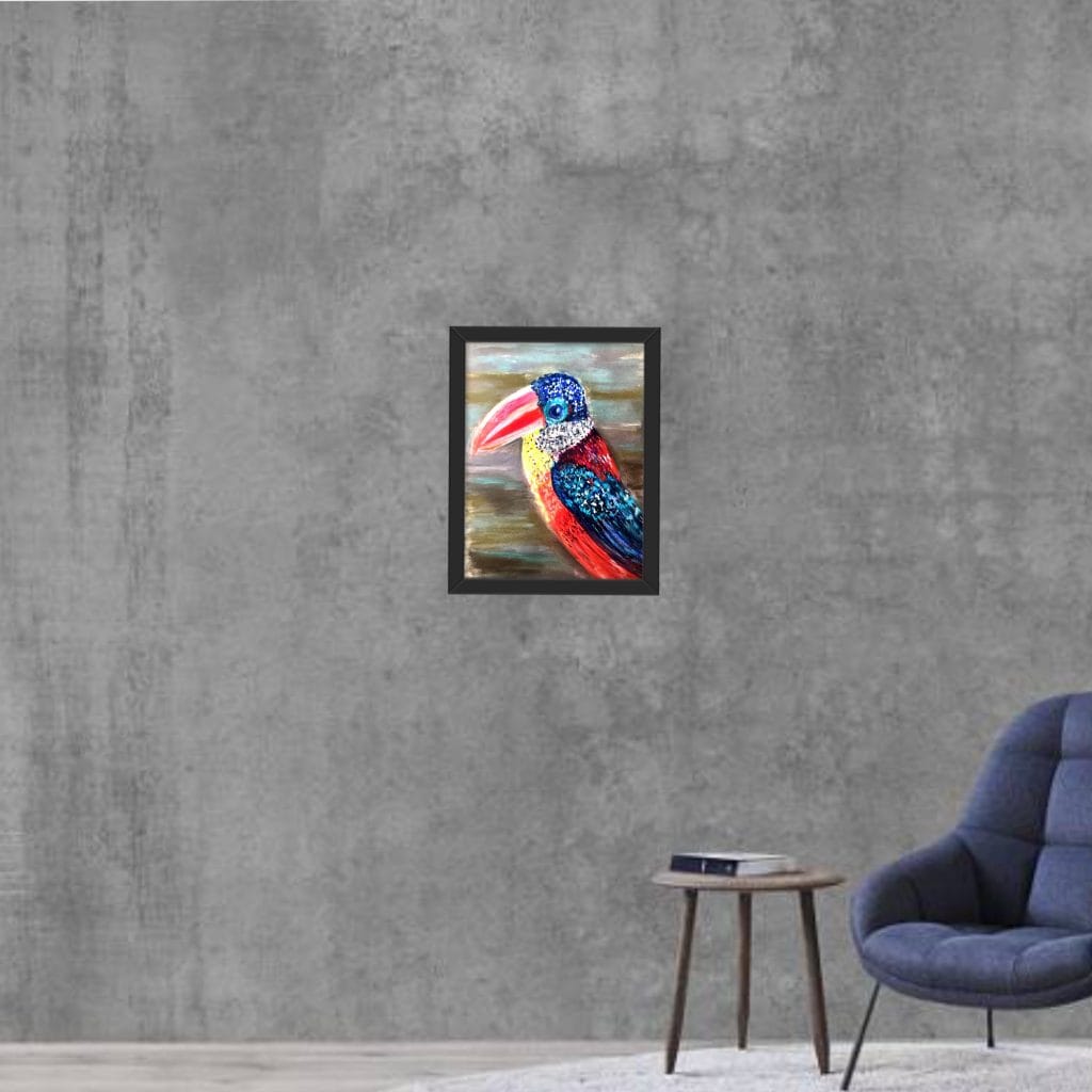 Curly arasari. Colourful funny bird original pastel painting on pastelmat