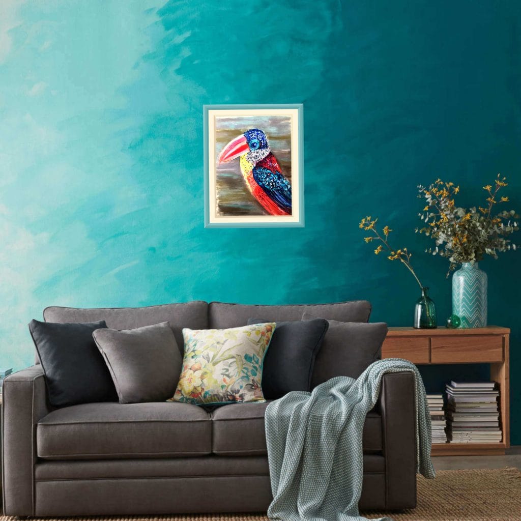 Curly arasari. Colourful funny bird original pastel painting on pastelmat