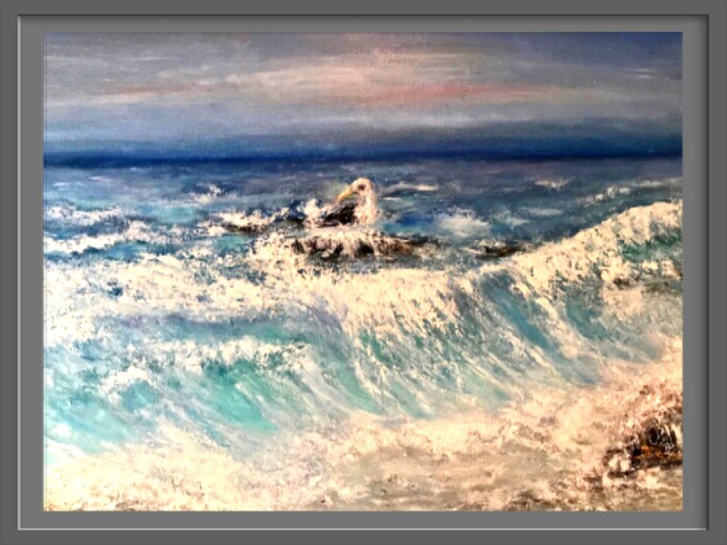 Seascape and a seagull,buy a painting,stormy ocean byy,buy art,waves and rocks,landscapes to buy