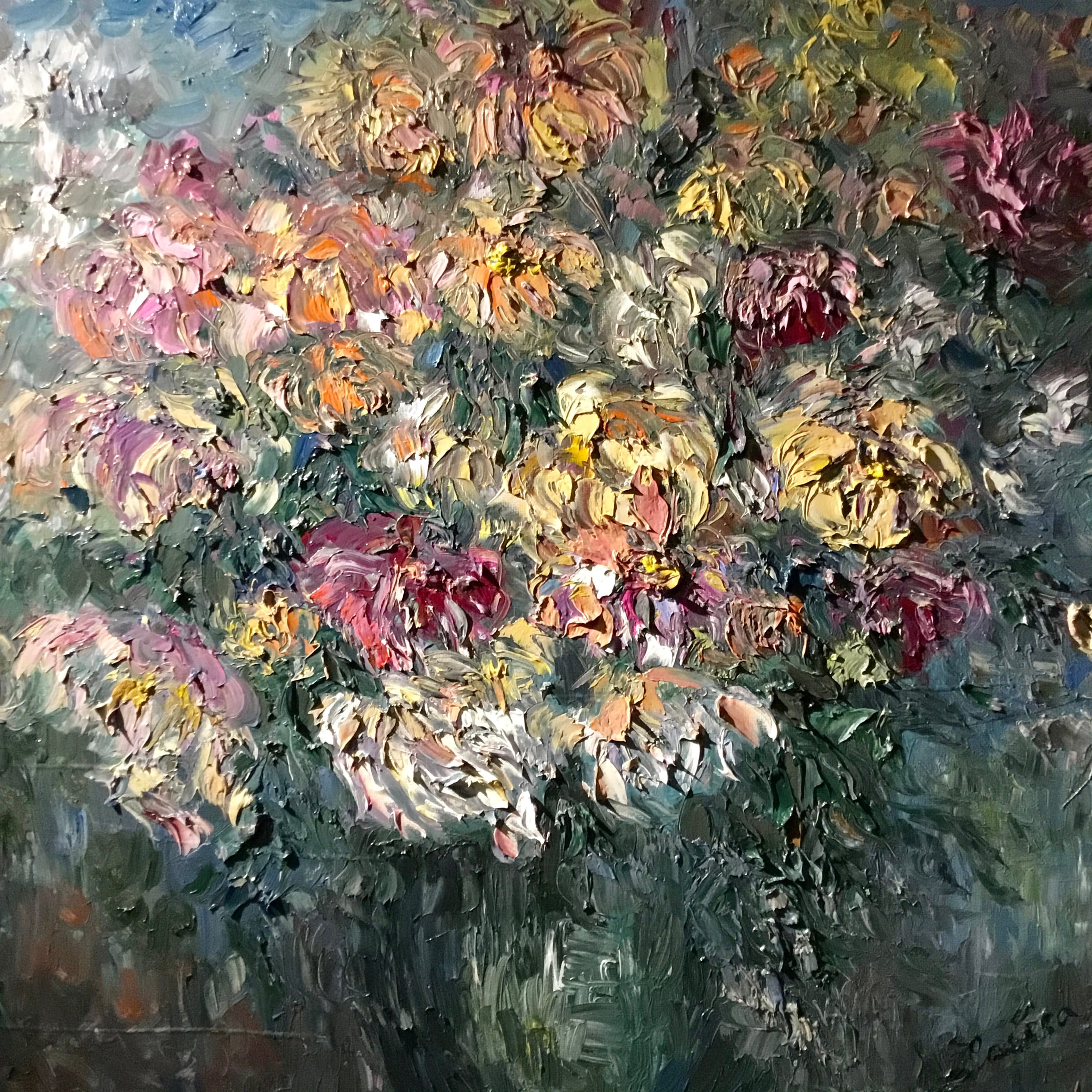 Chrysanthemums impressionistic painting for sale