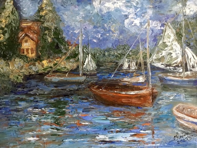 Boats on the lake original oil painting for sale