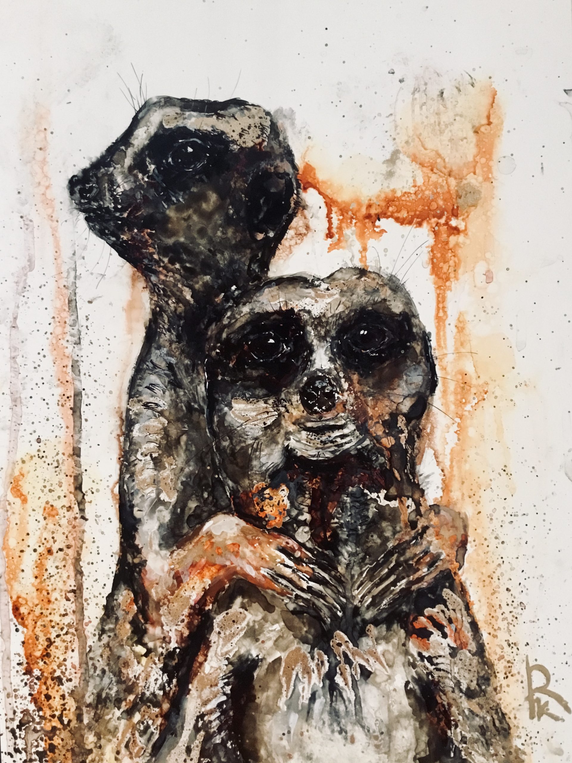 Original meerkats watercolour mix media painting