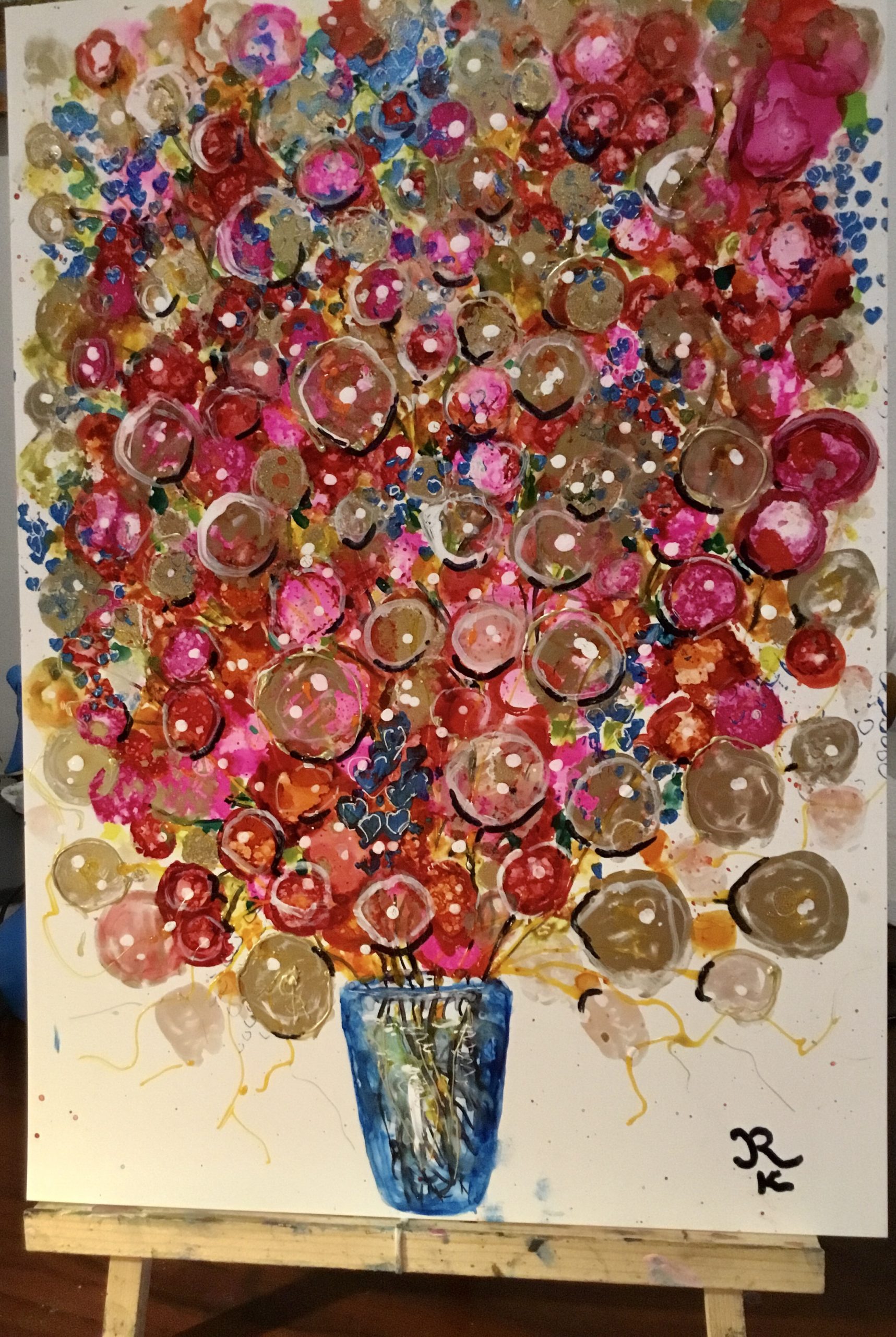 Red flowers bouquet mix media