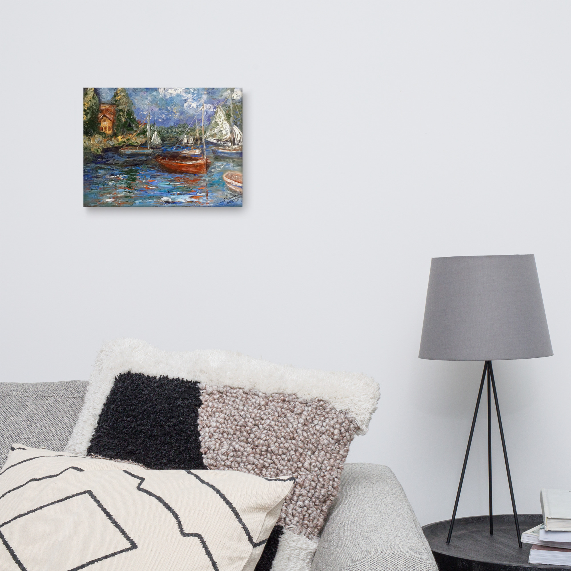 Boats on the lake oil painting