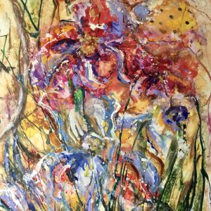 Original abstract flowers painting on yupo paper