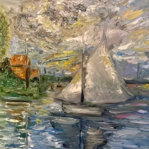 Boat on the river,original oil impressionistic style painting on canvas board,Monet inspired,handmade painting,home decoration wall hanging