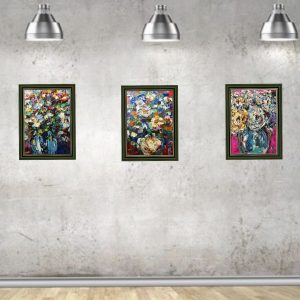 Triptych original oil paintings .Flowers in a vase