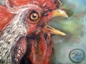 Red rooster original soft pastel painting on cardboard 