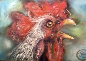 Red rooster original soft pastel painting on cardboard 