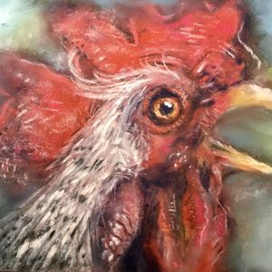 Red rooster original soft pastel painting on cardboard