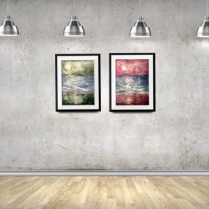 Pink and green sunset set of 2 paintings