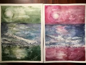 Pink and green sunset set of 2 paintings 