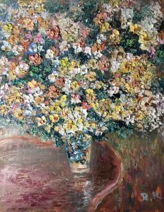 Colourful bouquet of flowers in a vase,original oil impasto textured painting on 3 d canvas.
One of a kind painting.
Size 40/50 sm ,15.7/19.6 inches.
Framing not needed,painted by all sides.