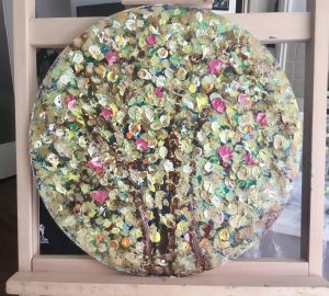 Fantasy of an apple tree original oil painting on round canvas