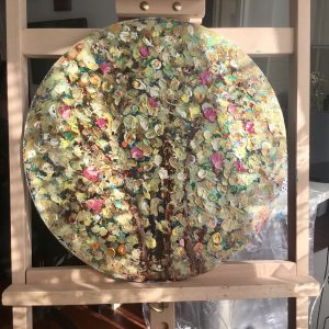 Fantasy of an apple tree original oil painting on round canvas