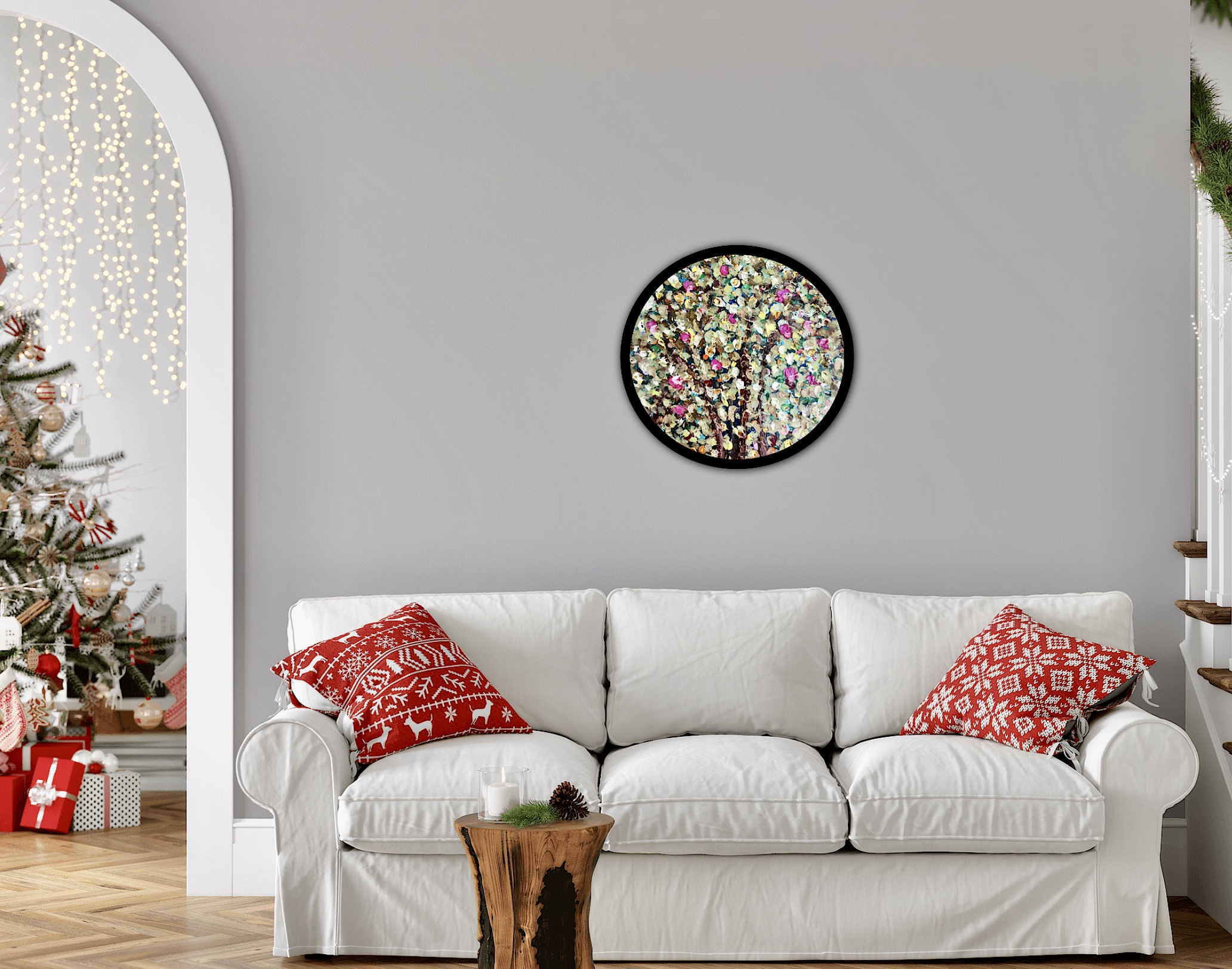 Fantasy of an apple tree original oil painting on round canvas