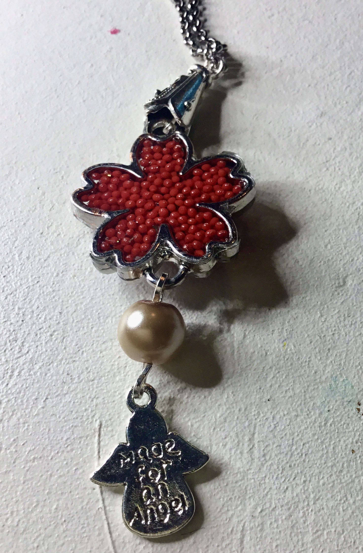 White daisy and holographic letters pendant necklace