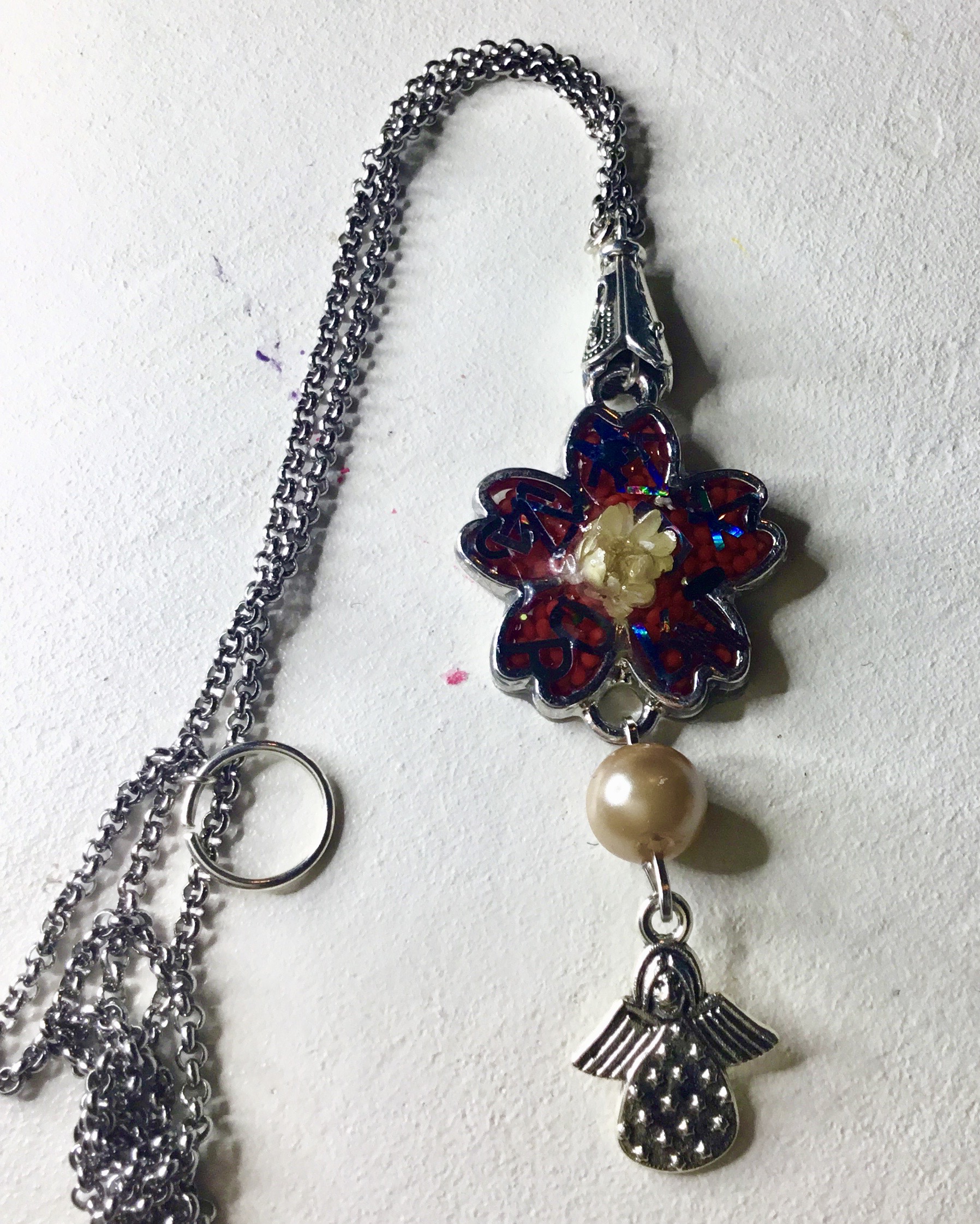 White daisy and holographic letters pendant necklace