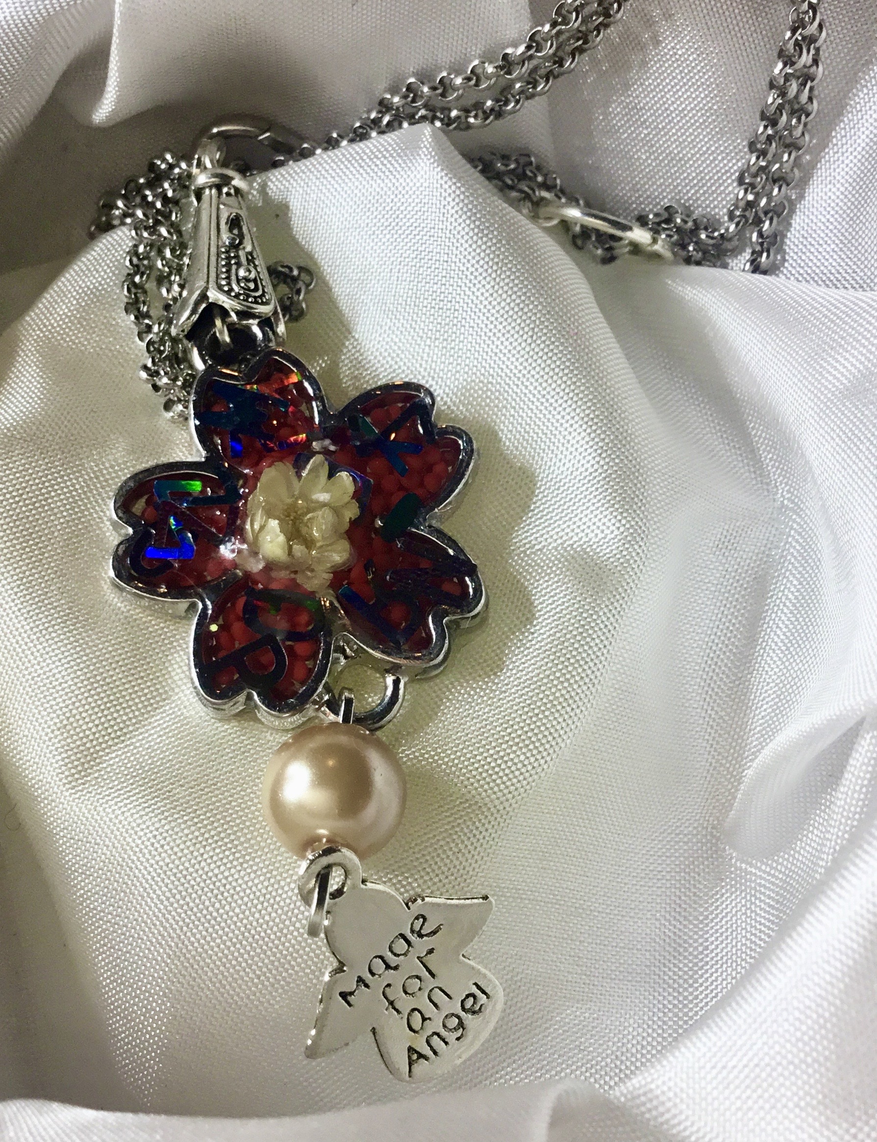 White daisy and holographic letters pendant necklace