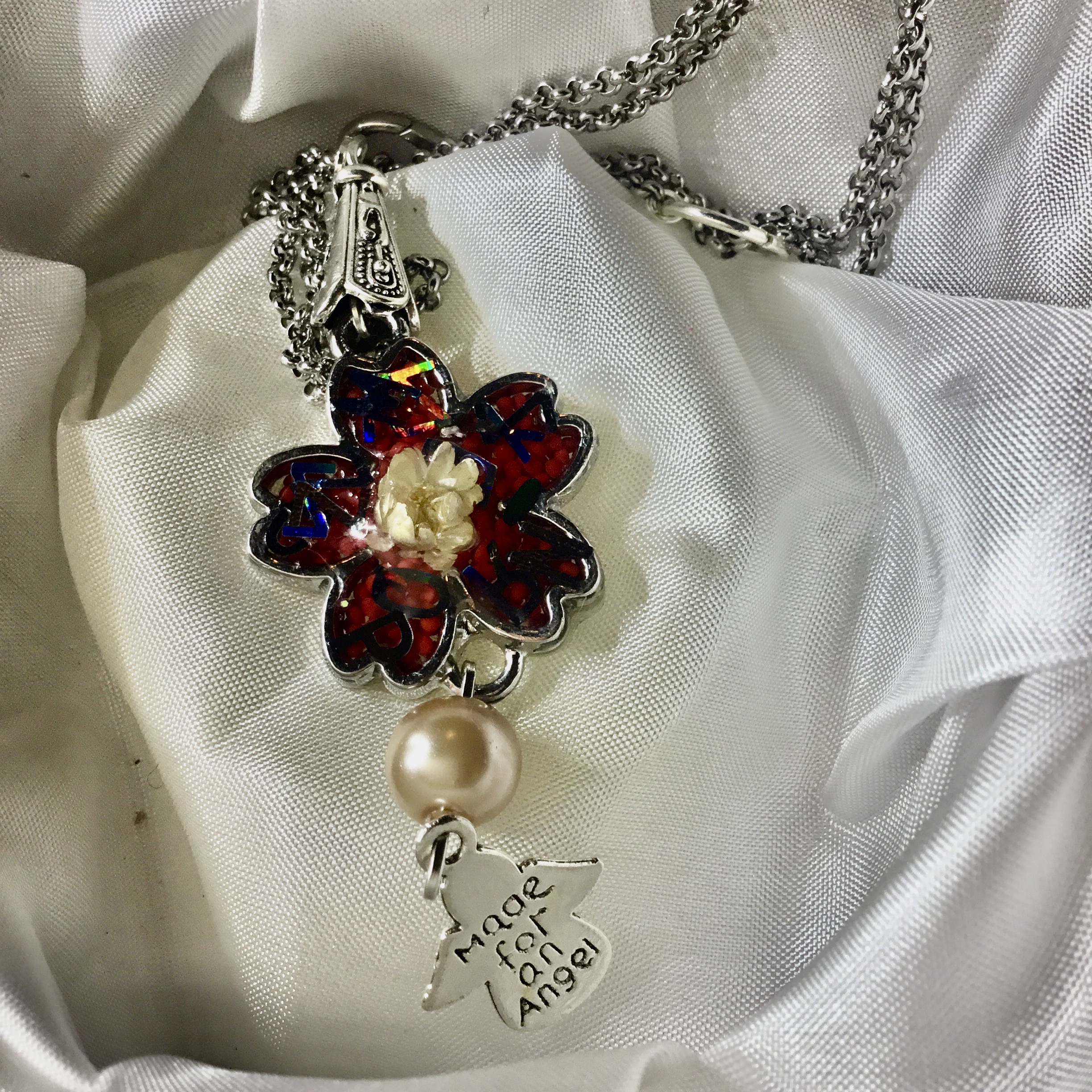 White daisy and holographic letters pendant necklace