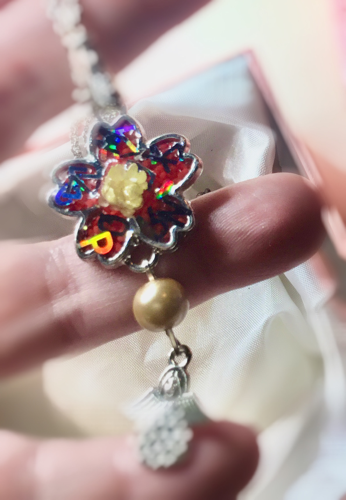 White daisy and holographic letters pendant necklace