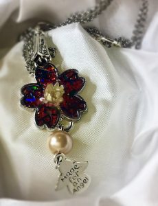 White daisy and holographic letters pendant necklace