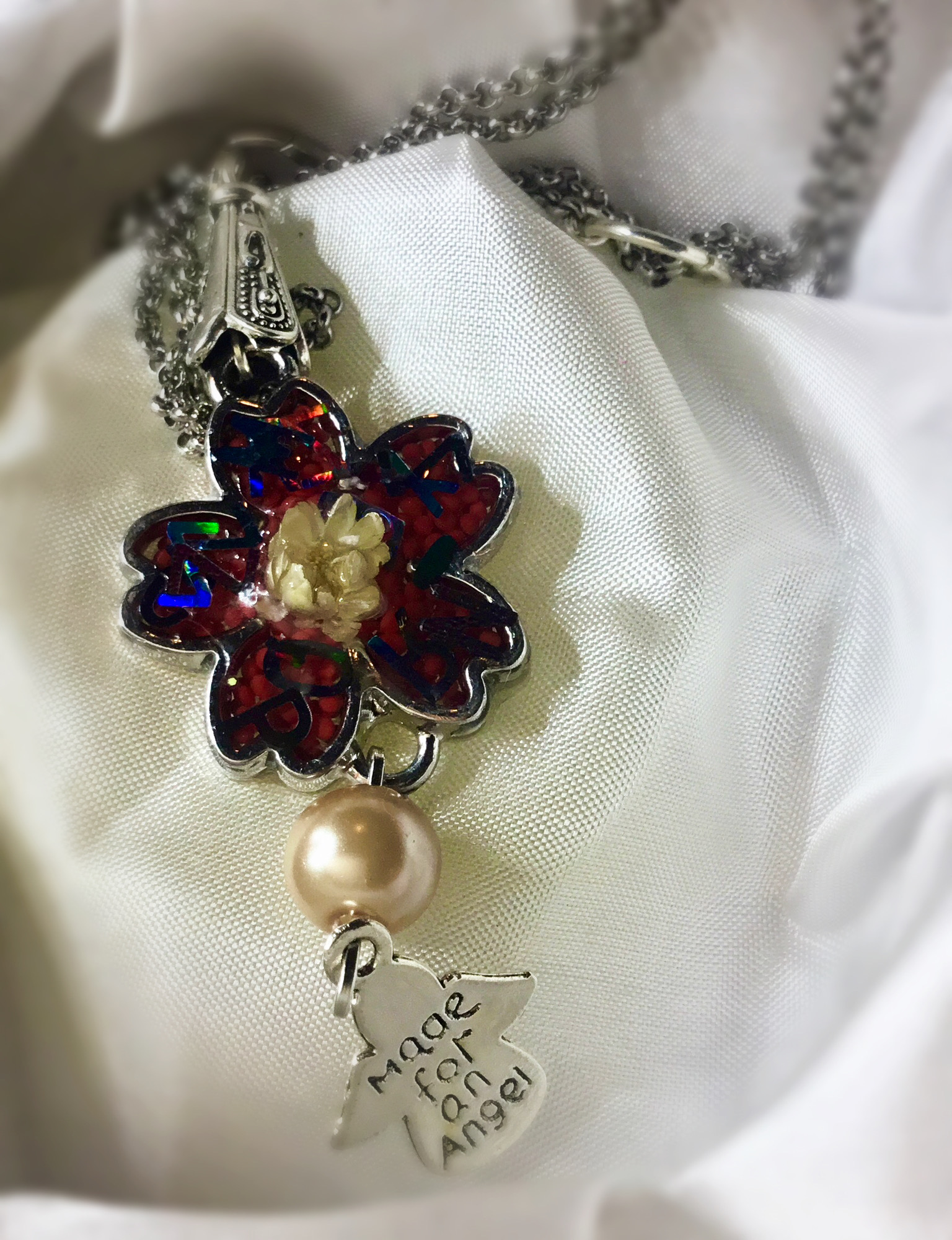 White daisy and holographic letters pendant necklace