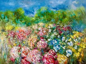 Blooming gardens original oil painting on large canvas