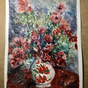 Red flowers in a vase watercolour painting