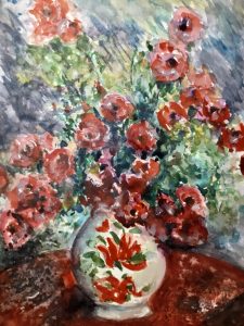 Red flowers in a vase watercolour painting 