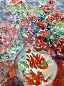 Red flowers in a vase watercolour painting 