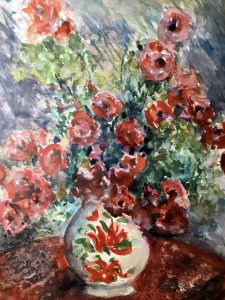 Red flowers in a vase watercolour painting 