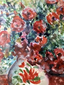 Red flowers in a vase watercolour painting 